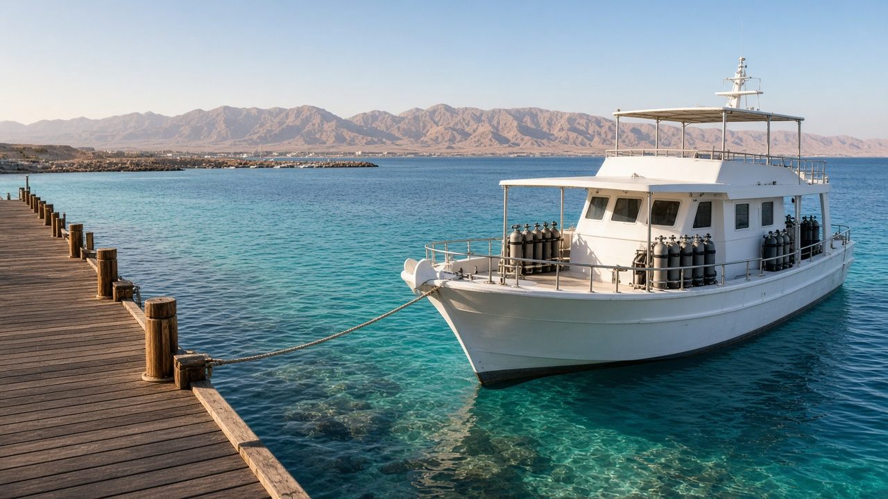 Day-dive boat tied to a wooden jetty in a Sharm El Sheikh marina