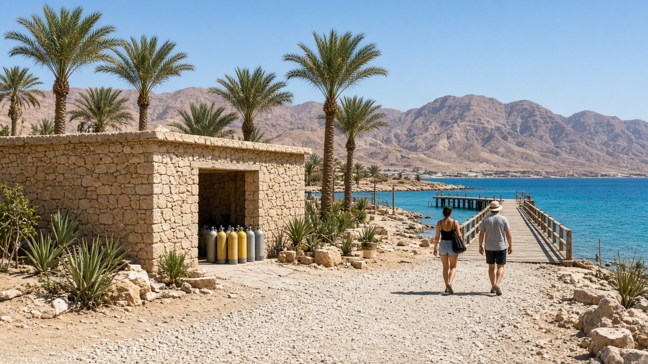 Garden-reef resort dive centre with palms and desert mountains behind
